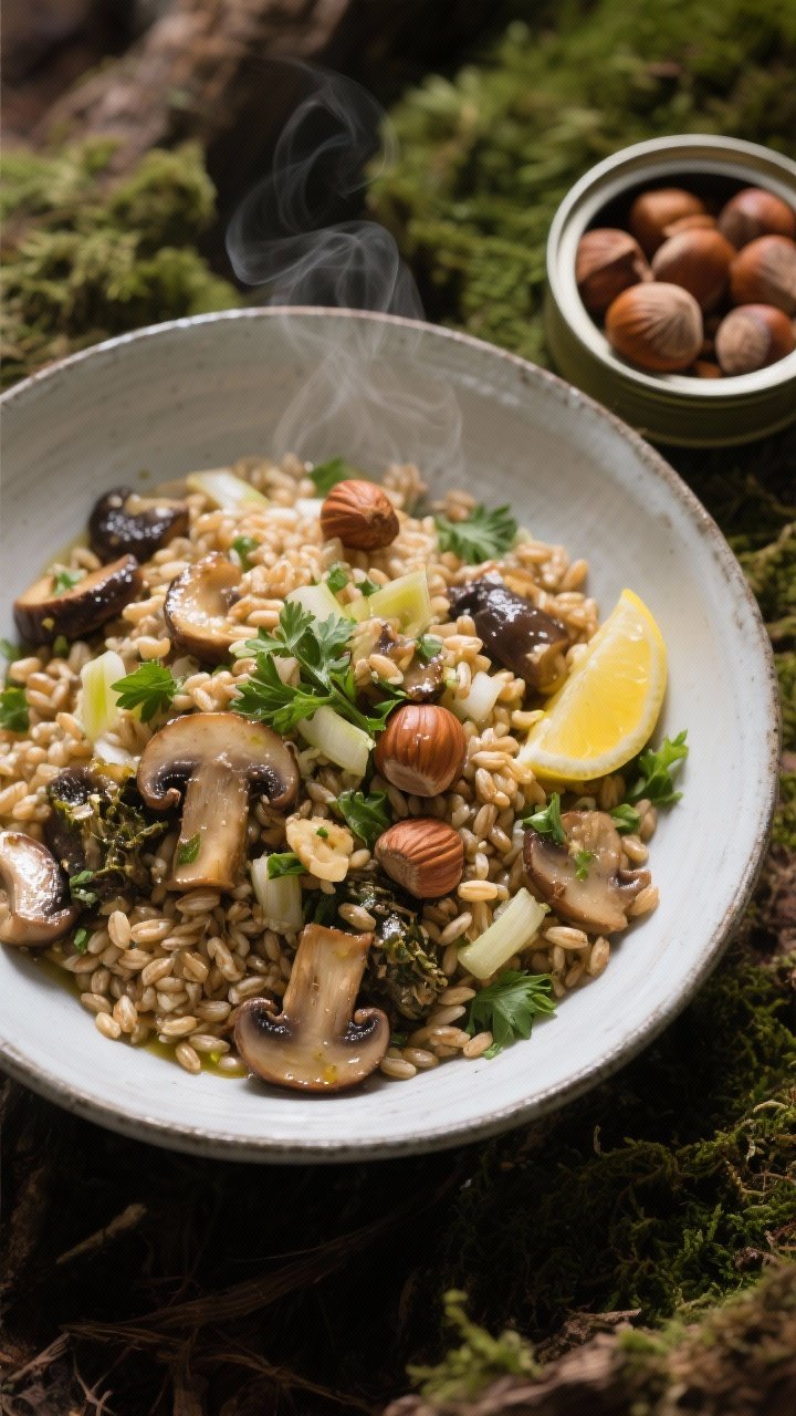 45-degree angle of a Forest-Forager farro salad in a wide, shallow enamel bowl: glossy farro grains, sautéed mixed mushrooms (cremini and wild), minced shallot, toasted hazelnuts, chopped parsley, and a sheen of olive oil with a squeeze of lemon; a small tin of extra hazelnuts and a foraged mossy backdrop hinting at the woods; earthy palette, visible steam off mushrooms, focus on nutty grains and meaty mushroom texture.