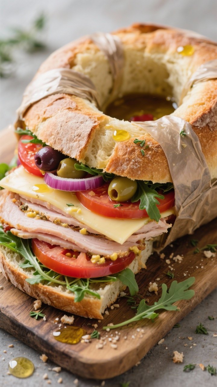 45-degree angle of a Herbed Turkey Pressed Picnic Sandwich (pan bagnat style): a round country loaf hollowed and layered with olive oil, red wine vinegar, Dijon mustard, sliced turkey, provolone or sharp cheese, juicy tomato slices, red onion, arugula, and optional olives; the loaf is tightly wrapped and weighted, then sliced to reveal compressed, marinated layers; rustic board, crumbs and olive oil droplets visible.