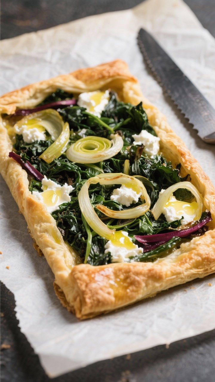 45-degree angle of a savory tart made from puff pastry scraps rolled to 10x12 inches: flaky golden crust topped with a layer of sautéed leek/onion, a bed of wilted garden greens (spinach, chard, kale), and dollops of ricotta or soft cheese glistening with olive oil; crisp edges and layered greens visible, baked on parchment with a serrated knife beside it.