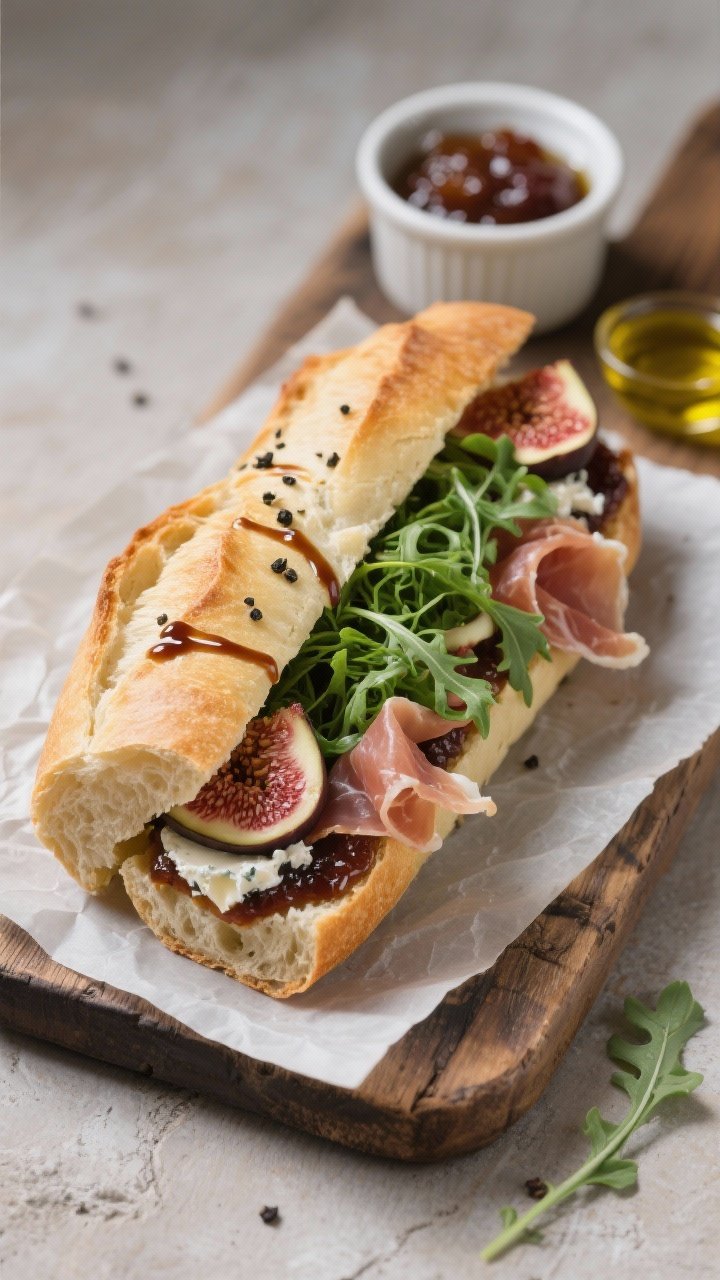 45-degree angle of a split and lightly oiled baguette layered with fig jam, creamy goat cheese (or brie) slices, folded prosciutto, and a fluffy mound of arugula; a fine ribbon of balsamic glaze on top and cracked black pepper; cut ends reveal strata; styled on parchment over a rustic board with a small pot of fig jam and a drizzle of olive oil nearby.