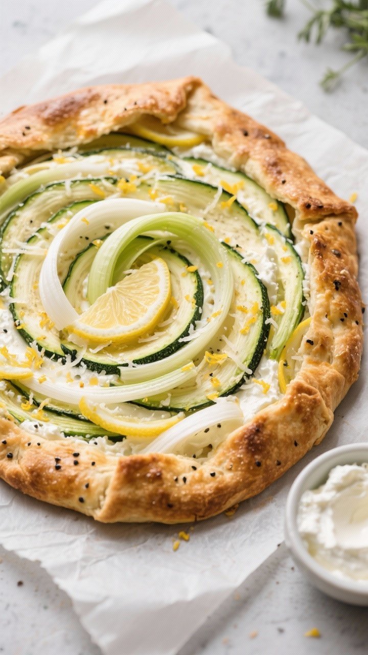 45-degree angle of a Zesty Spring Veggie Galette on a parchment-lined sheet: rustic folded crust holding a lemon-ricotta base with Parmesan, topped with concentric shingled slices of zucchini and ribbons of leek (white and light green parts), edges deeply golden, black pepper speckles, lemon zest sprinkled; a small bowl of ricotta off to the side.