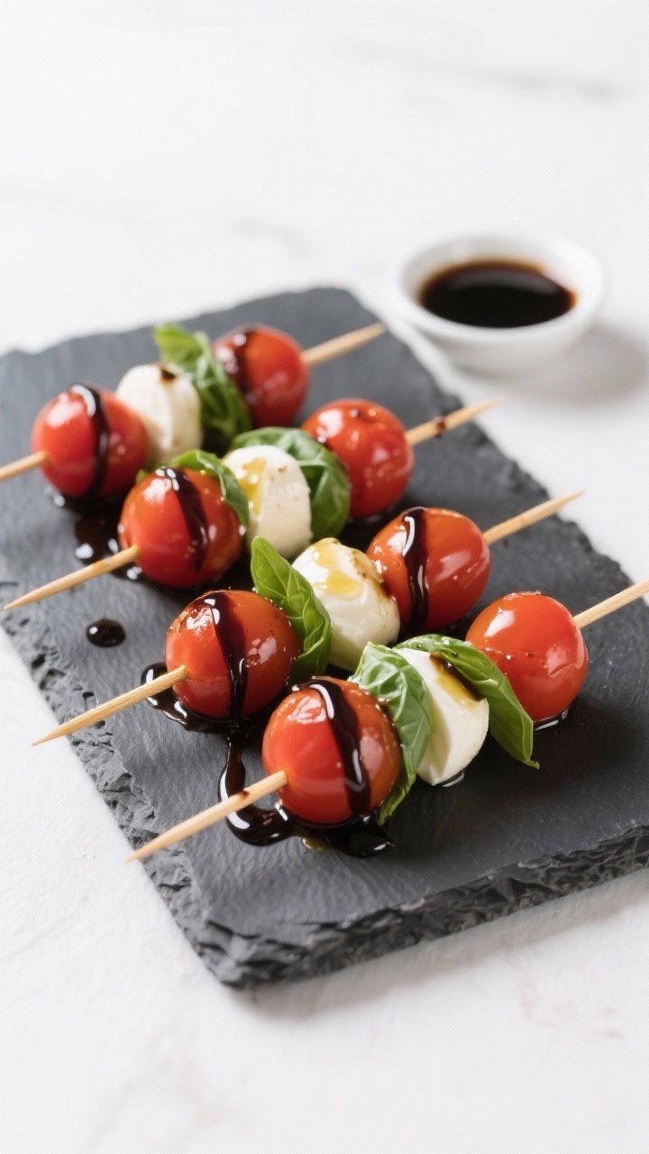 45-degree angle of assembled caprese skewers on a slate platter: cherry tomatoes, ciliegine mozzarella, and fresh basil leaves alternated on short bamboo picks, glistening with extra-virgin olive oil and finished with glossy ribbons of balsamic glaze; bright, no-sog look with a clean white background and a small dish of extra glaze to the side.