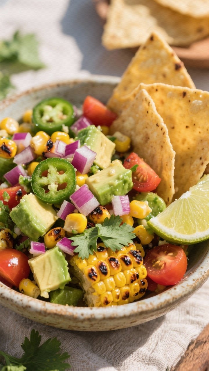 45-degree angle of charred corn and avocado picnic salsa in a rustic bowl: deeply charred corn kernels, diced ripe avocado, finely diced red onion, minced jalapeño, quartered cherry tomatoes, cilantro leaves, lime wedges on the side; tortilla chips arranged upright to avoid sogginess; bright, sunlit color pop, crisp edges on corn, creamy avocado cubes intact.