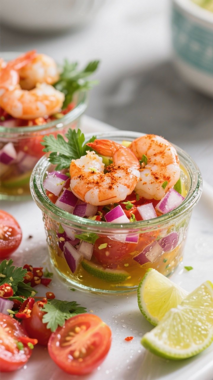 45-degree angle of chili-lime shrimp cocktail jars: large shrimp tossed with olive oil, chili powder, smoked paprika, salt, and pepper, chilled atop a vibrant mix of quartered cherry tomatoes and finely diced red onion with lime zest and juice; layered in small glass jars with cilantro leaves; condensation on glass, lime wedges nearby for a zesty picnic feel.