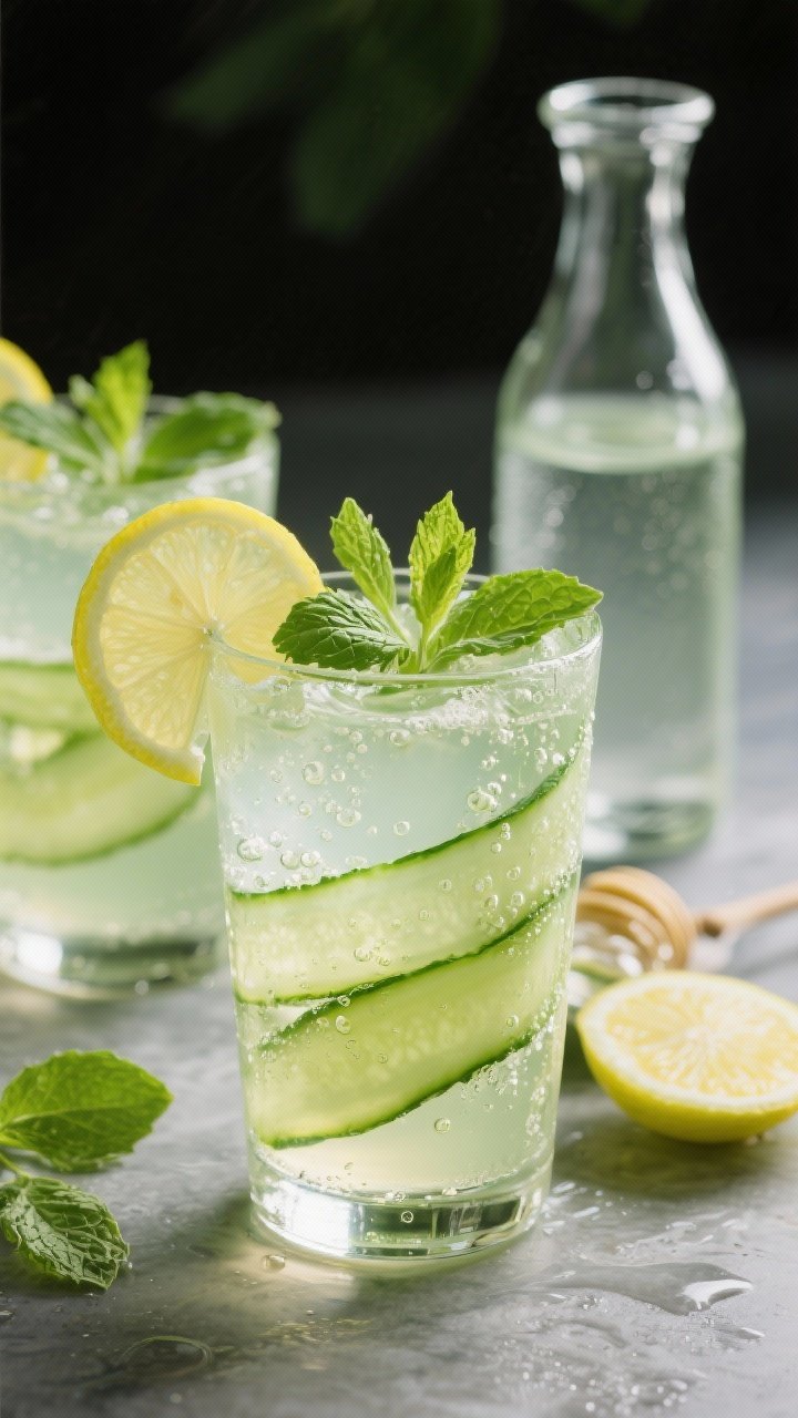 45-degree angle of cucumber-mint lemonade spritzers in clear highball glasses with condensation: pale green lemonade made from blended cucumber, fresh lemon juice, honey/simple syrup, cold water, and topped with chilled sparkling water; mint leaves and thin cucumber ribbons inside the glass, lemon wheels on rims; an option shot shows a small carafe of clear spirit nearby to imply “with a kick”; bright, effervescent bubbles captured.