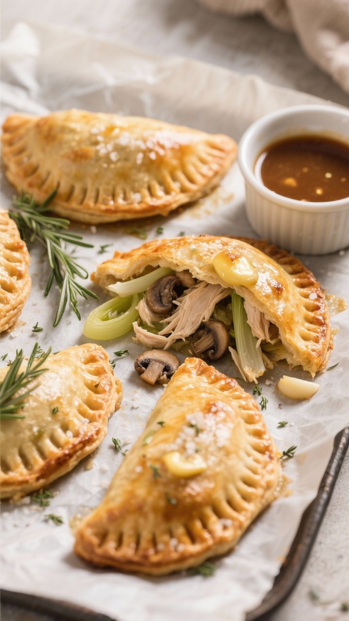 45-degree angle of golden herb-roasted chicken hand pies fresh from the oven on a parchment-lined sheet: flaky crimped pastry oozing creamy filling with shredded chicken, sautéed leek ribbons, chopped cremini mushrooms, and minced garlic, flecked with fresh rosemary and thyme; butter-brushed tops sprinkled with sea salt; a small ramekin of warm gravy on the side; cozy, warm tones.