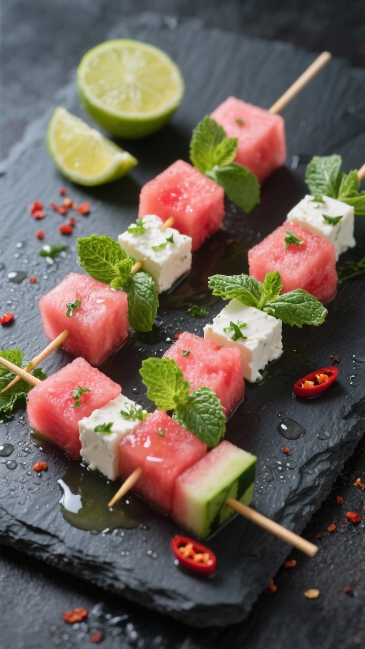 45-degree angle of herbed feta watermelon skewers laid on a slate board: alternating cubes of seedless watermelon and feta, threaded on small wooden skewers with fresh mint and basil leaves. Glossy lime-chile drizzle pooling lightly on the slate, lime halves and red chili flakes nearby. High contrast between deep pink melon, white feta, and green herbs; condensation on watermelon suggests chill.