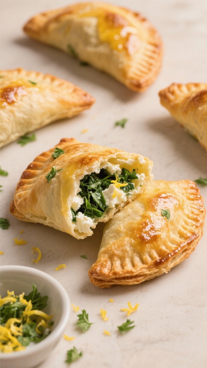 45-degree angle of herby goat cheese hand pies: golden puff pastry turnovers with glossy egg-wash blistering, one pie broken open to show creamy goat cheese, chopped spinach, garlic, lemon zest, and parsley filling; a small dish of lemon zest and parsley scattered around; flaky layers in sharp focus, warm neutral backdrop highlighting green flecks in the filling.