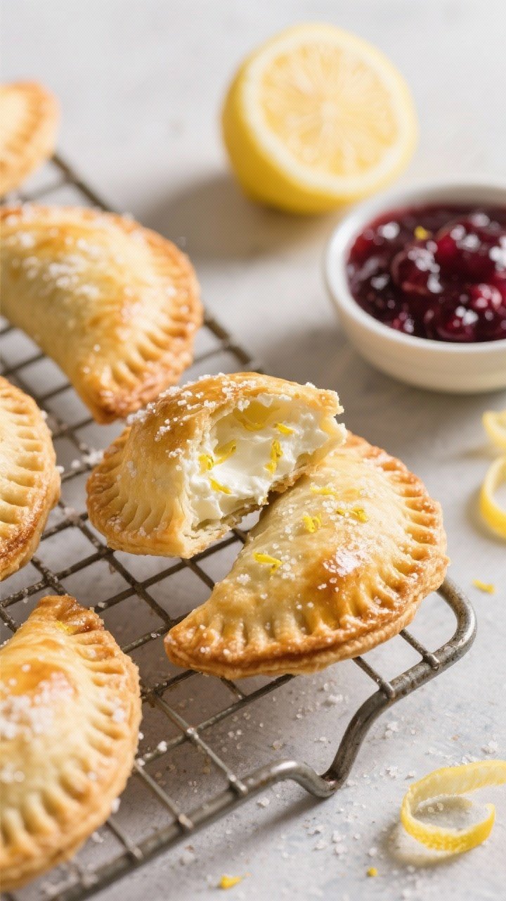 45-degree angle of lemon-ricotta hand pies cooling on a rack: golden puff pastry turnovers brushed with egg wash and sprinkled with coarse sugar, one pie cut open to show creamy ricotta filling scented with lemon zest, vanilla, and a streak of berry quick-jam; a small bowl of the jam and a lemon with zest curls nearby.