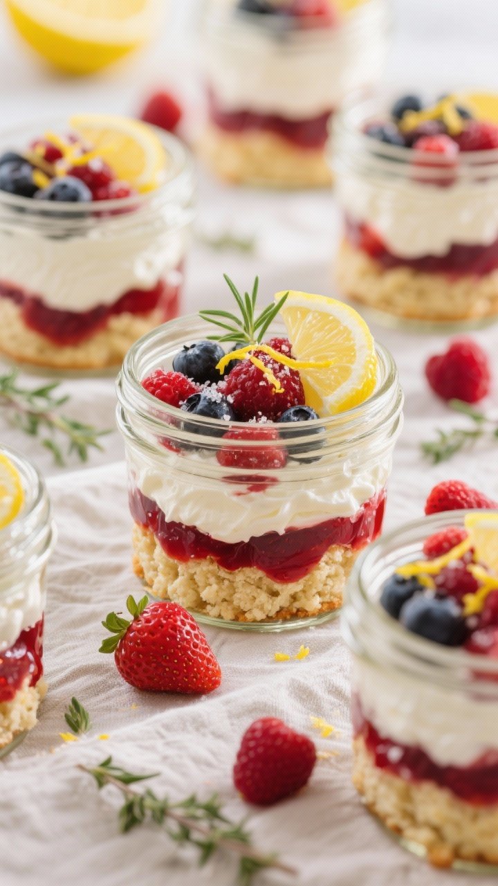 45-degree angle of mason jar lemon-thyme shortcakes: layers of crumbled lemon-thyme shortcake (flour, sugar, baking powder, salt, lemon zest, fresh thyme), whipped cream, and macerated mixed berries (strawberries, sugar, lemon zest, lemon juice) bleeding ruby juices; jars arranged on a linen with extra berries scattered; bright, clean dessert styling with citrus zest garnish.