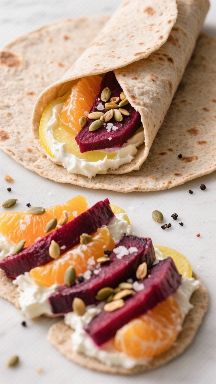 45-degree angle of roasted beet, orange, and labneh wraps being filled: whole-wheat tortillas spread with thick labneh mixed with lemon juice, layered with jewel-toned roasted beet wedges, orange segments, a sprinkle of crunchy mixed seeds, kosher salt, and black pepper; one wrap being tightly rolled, others sliced to show vibrant cross-sections.