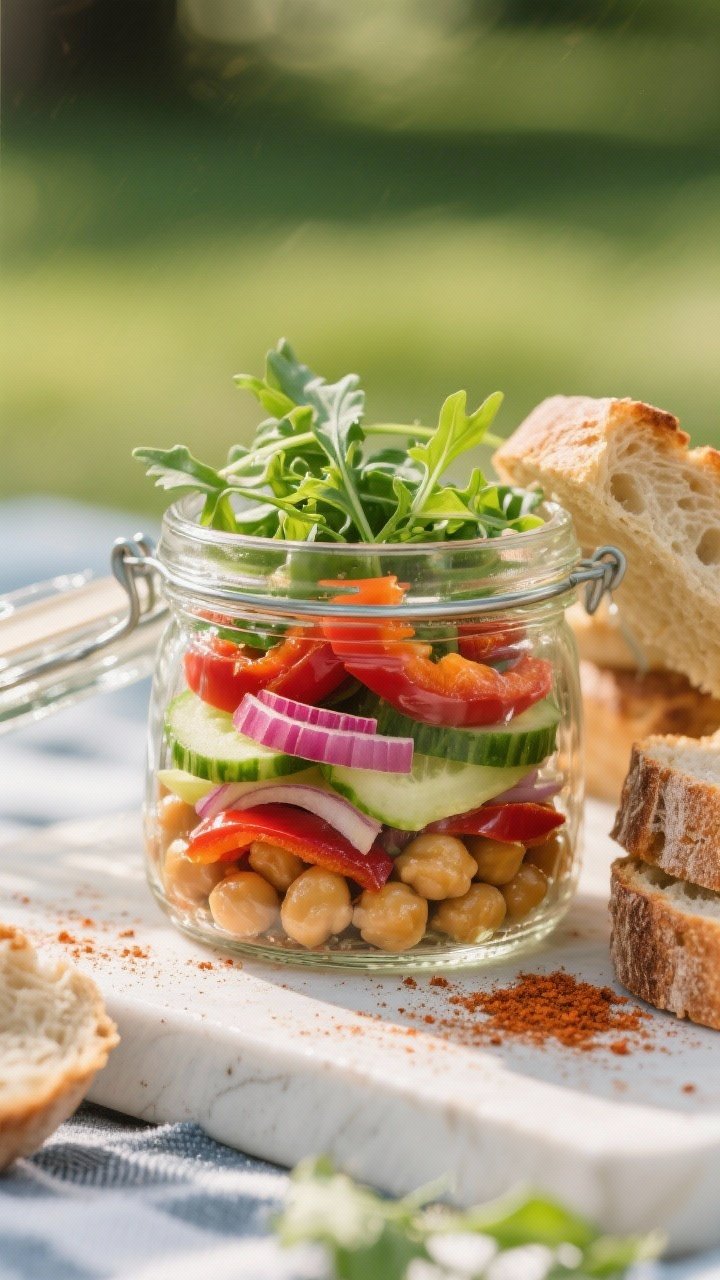 45-degree angle of smoky roasted pepper and chickpea sandwich jars: clear mason jars layered with chickpeas, silky roasted red peppers, thin cucumber slices, slivers of red onion, and a tuft of baby arugula on top; crusty bread slices leaning on the jars, a little smoky paprika dust on the surface, bright and portable picnic mood.