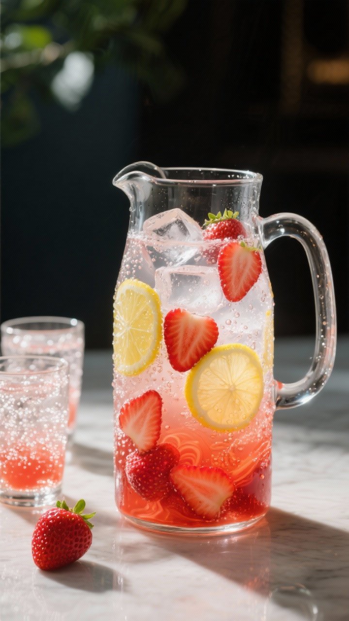 45-degree angle of sparkling strawberry lemonade in a clear pitcher with condensation: vivid strawberry syrup swirled into freshly squeezed lemon juice, diluted with cold sparkling water; ice cubes, floating lemon slices, and strawberry slices; two matching glasses nearby capturing effervescence and sunlit bubbles.