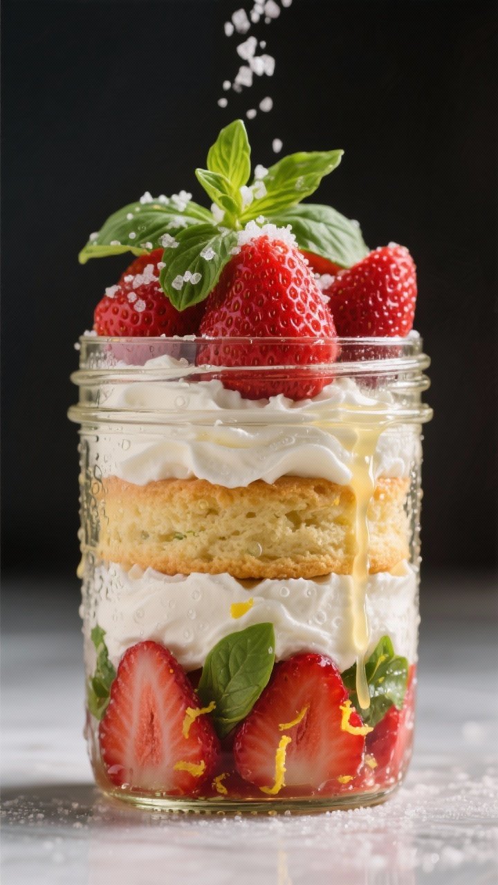 45-degree angle of strawberry basil shortcake mason jars: macerated strawberries with sugar, lemon zest and juice, and chopped fresh basil layered with golden shortcake biscuits and softly whipped cream. Condensation on glass, visible strawberry syrup drips. Extra basil chiffonade on top, scattered sugar crystals, bright red berries contrasted with fluffy cream.