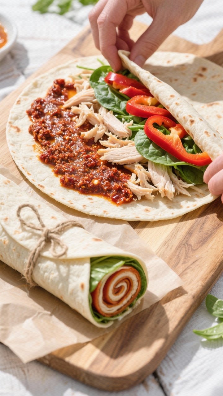 45-degree angle of sun-dried tomato pesto chicken wraps being assembled: a 10-inch flour tortilla on a wooden board spread with sun-dried tomato pesto, layered with shredded cooked chicken breast, baby spinach, and sliced roasted red peppers; second wrap tightly rolled and cut in half showing vibrant spirals, edges tucked to prevent sogginess; clean, bright picnic vibe with parchment and twine.