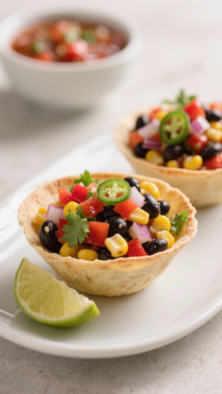 45-degree angle of zesty corn and black bean salsa served in individual tortilla cups: kernels of corn, black beans, diced red bell pepper, finely chopped red onion, minced jalapeño, flecks of cilantro, and lime wedges on the side; light sheen from dressing, vibrant colors popping against the crisp cups; a small bowl of extra salsa behind.