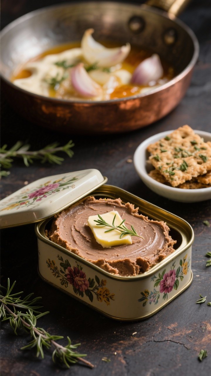 45-degree angle on vintage floral tins opened to reveal silky chicken liver pâté topped with a thin butter cap and thyme; a small dish of herb-crusted crackers beside it; in the background, a copper pan hinting at sautéed shallot and garlic deglazed with brandy/sherry and finished with cream; thyme sprigs scattered; moody, warm tones.