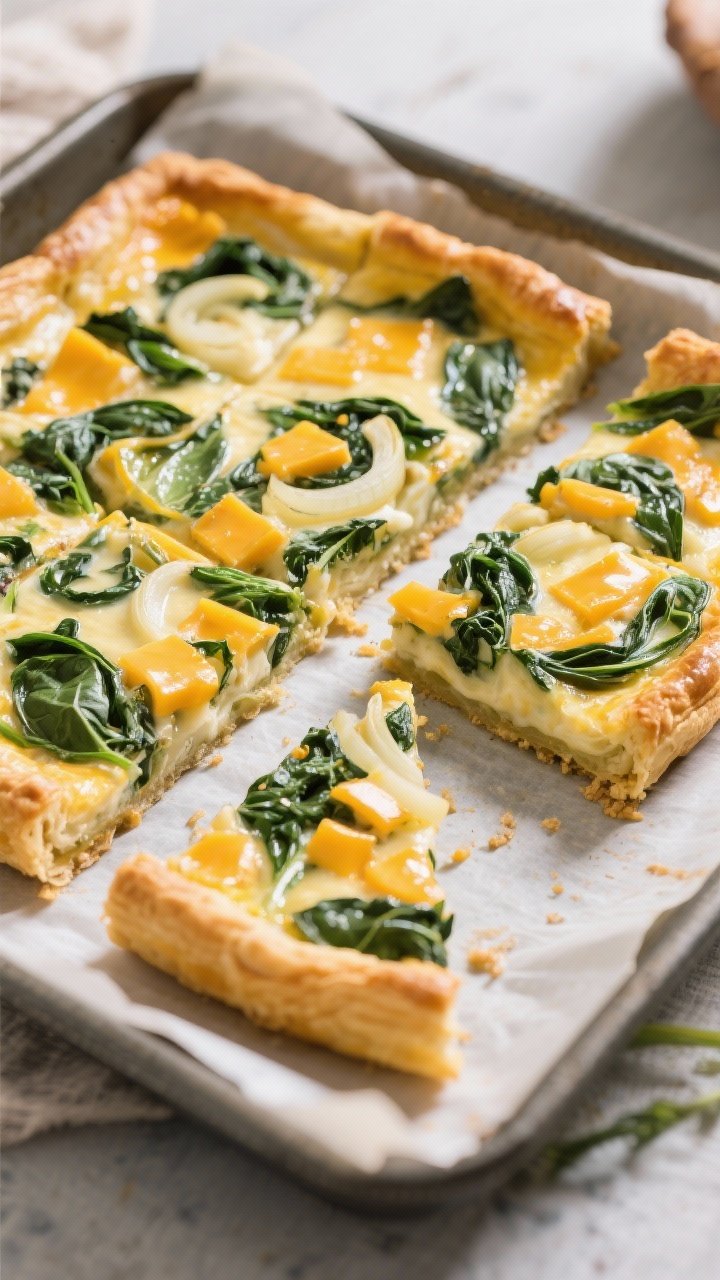 45-degree angle pan shot of make-ahead picnic quiche squares: puff pastry base baked with a custard of eggs, half-and-half, Dijon, sautéed yellow onion, and chopped baby spinach or Swiss chard, studded with melted sharp cheddar; cut into tidy squares on parchment, golden edges, visible green swirls and cheese pockets.