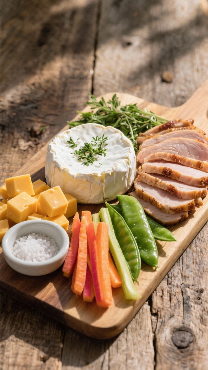 45-degree angle plated farmers’ market board on a rustic wooden table: herbed goat cheese shaped into a soft mound with herbs visible, chunky cubes of aged cheddar, neat folds of roast turkey slices, crisp sugar snap peas, rainbow carrot sticks, and a small dish of coarse salt; bright morning light, fresh, crisp textures emphasized.