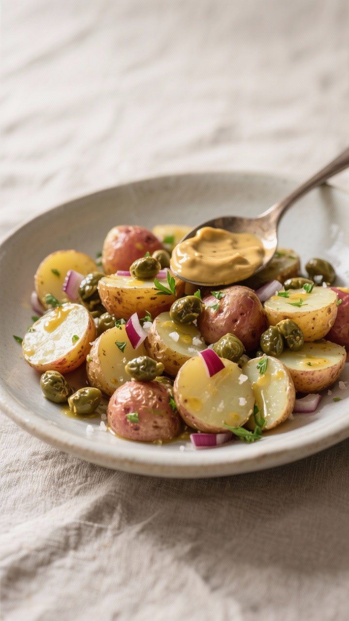 45-degree angle plated no-mayo Dijon potato salad with crispy capers: halved baby potatoes tossed in an olive oil, red wine vinegar, Dijon and whole-grain mustard dressing with minced shallot and kosher salt, topped with glistening fried capers. Herbs sprinkled lightly, a spoon with mustard smear, served in a wide shallow bowl on a linen.