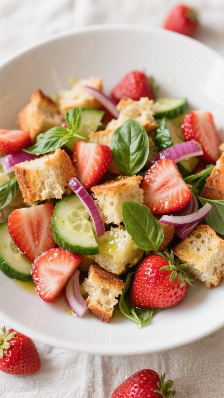 45-degree angle plated presentation of a Strawberry Basil Panzanella in a wide white bowl: chunky torn day-old crusty bread, halved ripe strawberries, English cucumber half-moons, whisper-thin red onion, and torn basil leaves glistening with a light vinaigrette; colors pop red, green, and golden bread; scattered basil and a few strawberry hulls on a linen for context.