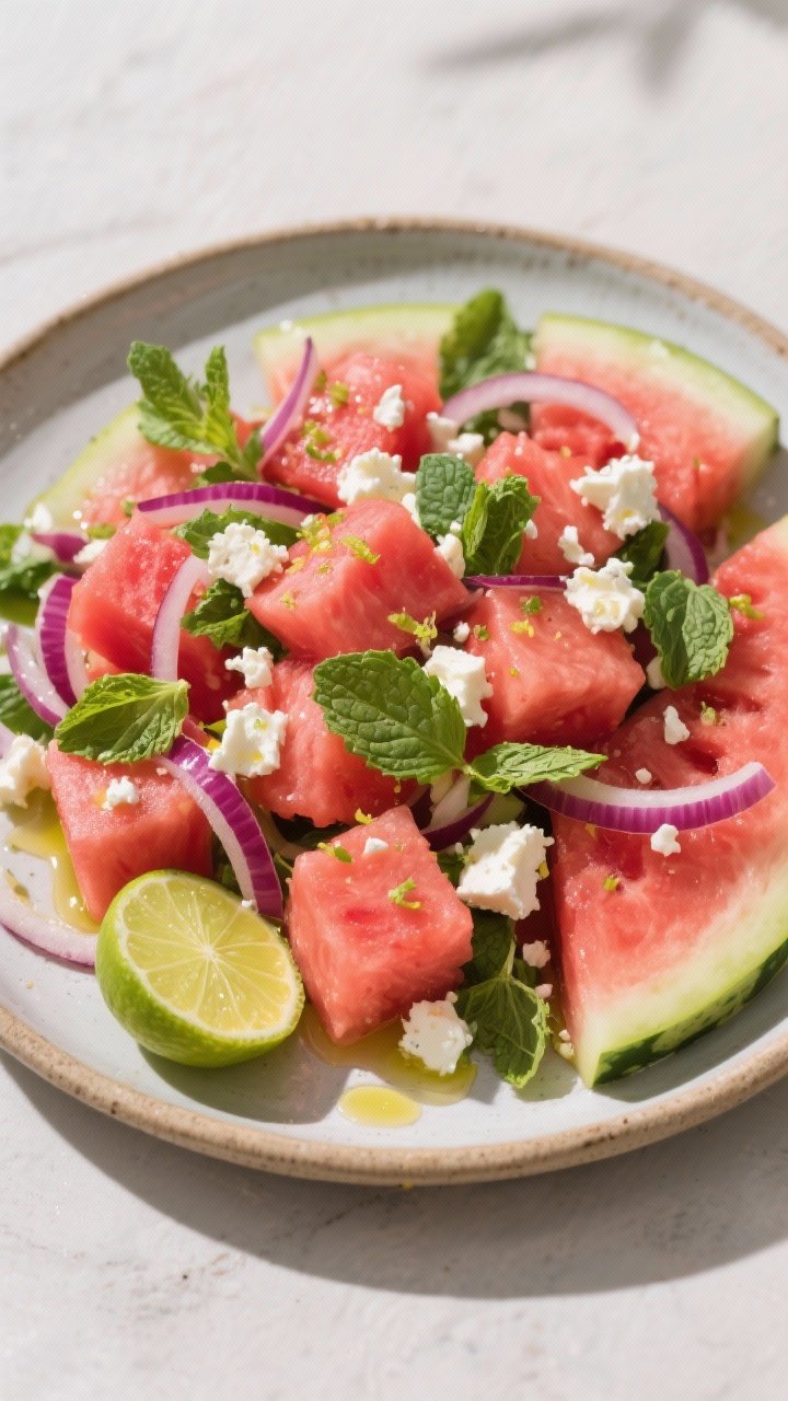 45-degree angle plated presentation of a vibrant watermelon, feta, and mint salad in a shallow ceramic platter: large juicy cubes of seedless watermelon, very thin slices of red onion draped throughout, crumbled feta scattered generously, torn fresh mint leaves, lime zest sprinkled on top, and visible sheen of extra-virgin olive oil with fresh lime juice; a cut lime half nearby; saturated summery colors.