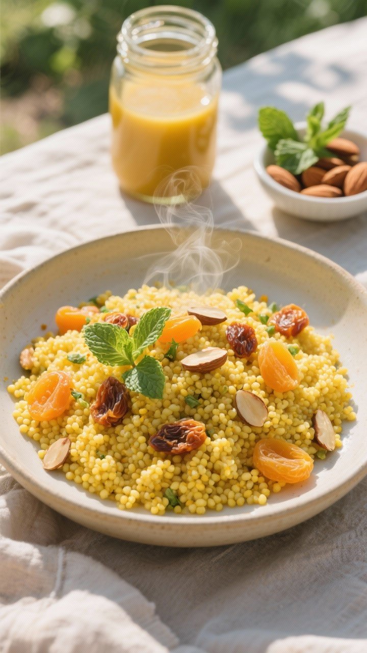 45-degree angle plated presentation of golden turmeric couscous fluffed in a wide bowl: tiny couscous pearls stained yellow with ground turmeric and cumin, folded with chopped dried apricots, toasted sliced almonds, and fresh mint; steam faintly rising, vegetable broth jar in the background, a small dish of extra almonds and mint leaves to the side, sun-dappled picnic vibe, crisp detail.