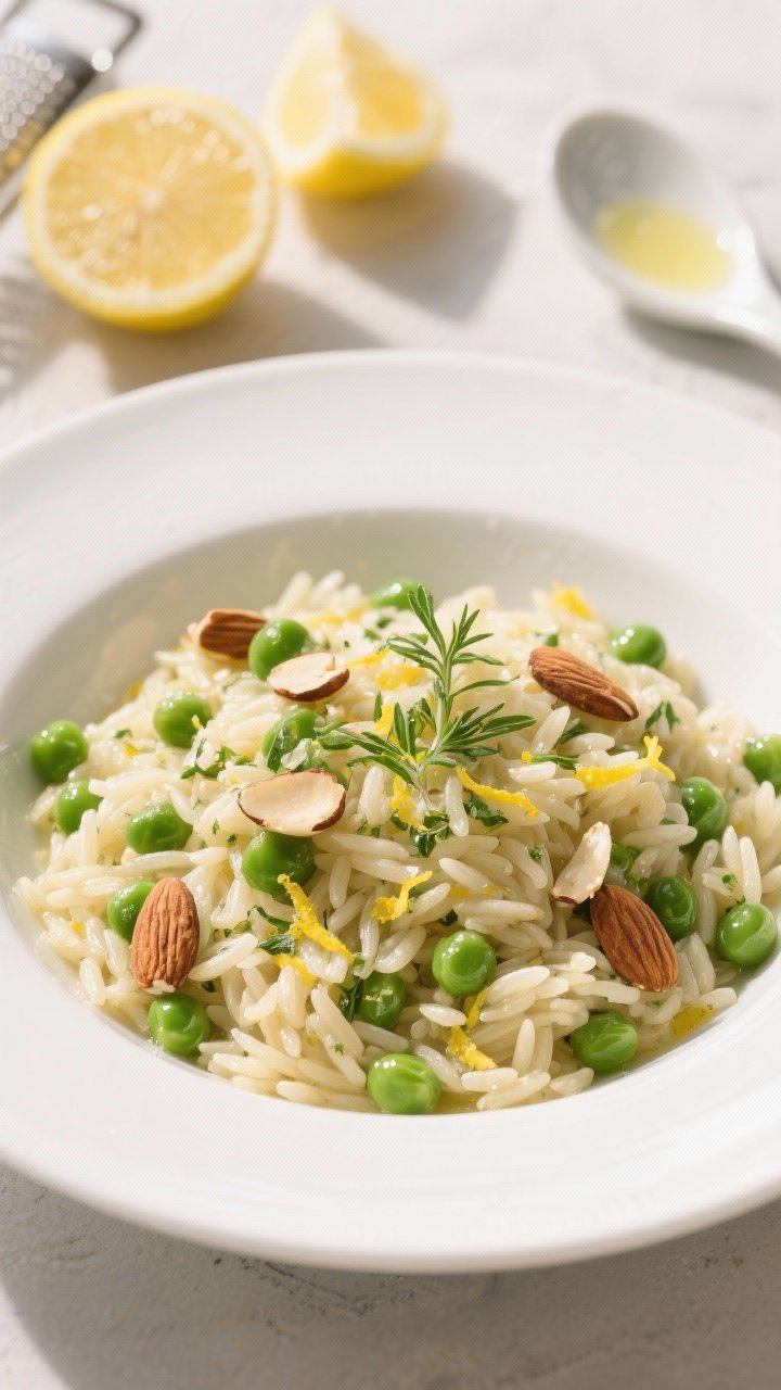 45-degree angle plated presentation of herby lemon orzo with green peas, toasted sliced almonds, and a glossy finish from extra-virgin olive oil. Bright flecks of lemon zest and finely grated garlic visible among tender orzo, peas popping green. Served in a wide white bowl with micro herbs, lemon half and zester in background, clean ceramic spoon, bright midday light for a zesty Mediterranean feel.
