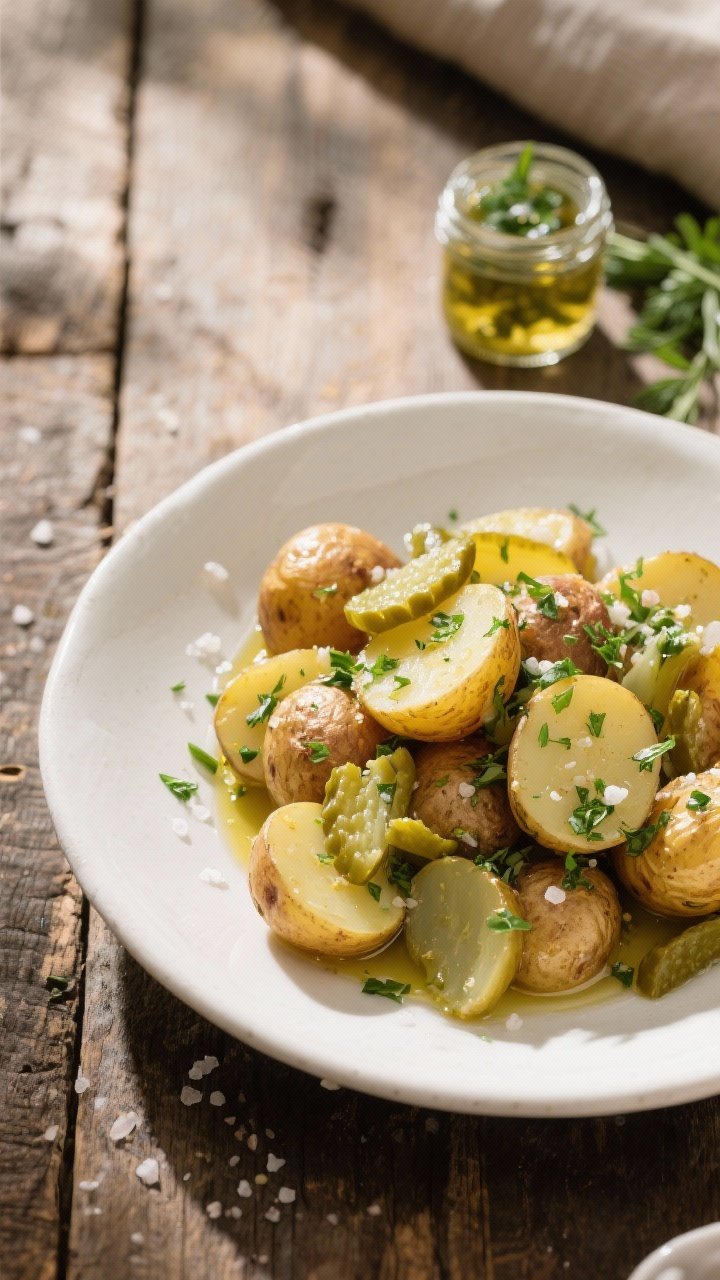 45-degree angle plated presentation of no-mayo herbed potato salad: halved baby gold potatoes tossed warm with extra-virgin olive oil, white wine vinegar, Dijon, honey, and loads of finely chopped fresh herbs; flecks of kosher salt, thinly sliced crunchy pickles folded in for snap; served in a wide shallow white bowl on a rustic wood table, with a small jar of brine and extra herbs on the side, softly diffused daylight.