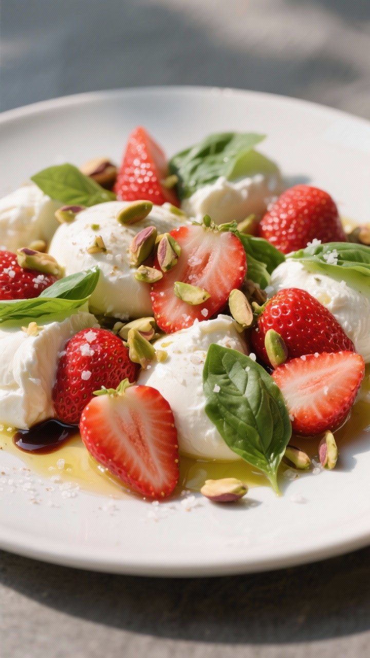 45-degree angle plated presentation of summer strawberry caprese on a matte white platter: hulled and halved ripe strawberries, torn creamy burrata in generous chunks, torn fresh basil leaves, chopped toasted pistachios sprinkled over, a luminous balsamic drizzle with extra-virgin olive oil sheen, a pinch of flaky salt, soft natural daylight highlighting juicy reds and milky whites.
