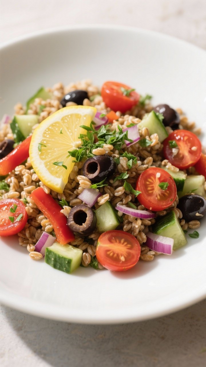 45-degree angle plated presentation of summit-ready farro salad in a wide white bowl: chewy farro tossed with diced cucumber, halved cherry tomatoes, red bell pepper, sliced kalamata olives, and finely minced red onion; lemony sheen and herb flecks visible, with a lemon wedge and a scatter of fresh chopped herbs on top; crisp, hearty textures showcased in soft natural light.