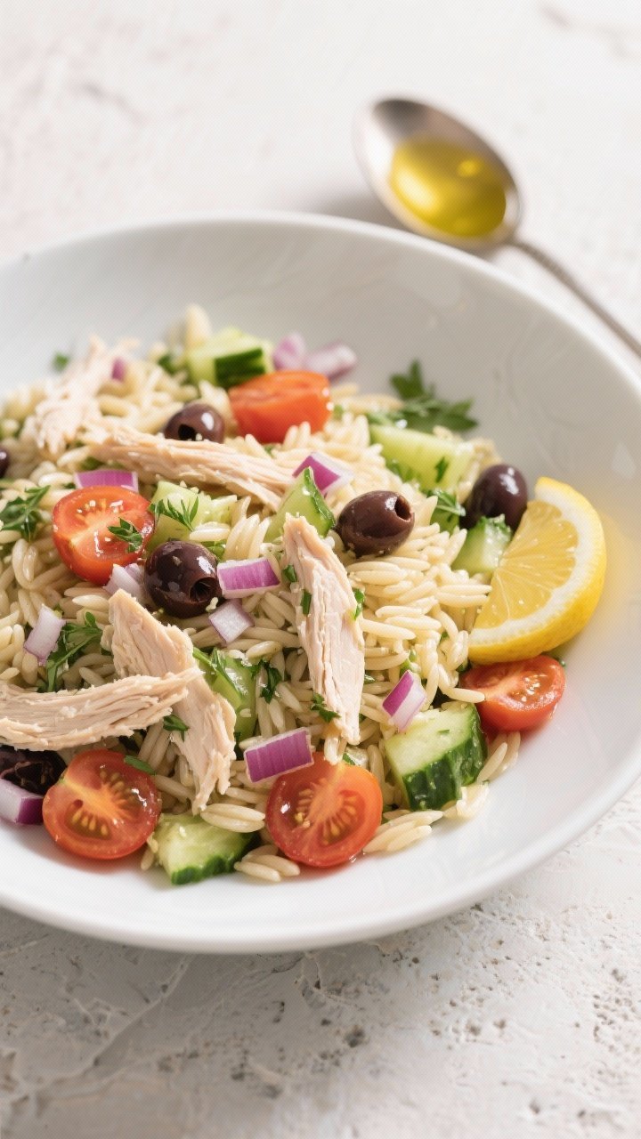 45-degree angle plated scene of herby chicken orzo salad in a wide white bowl: tender orzo tossed with shredded chicken, halved cherry tomatoes, chopped cucumber, sliced Kalamata olives, finely chopped red onion, bright lemon wedges nearby, a spoonful of briny olive-lemon dressing glistening; Mediterranean vibe, clean styling on a light stone surface.
