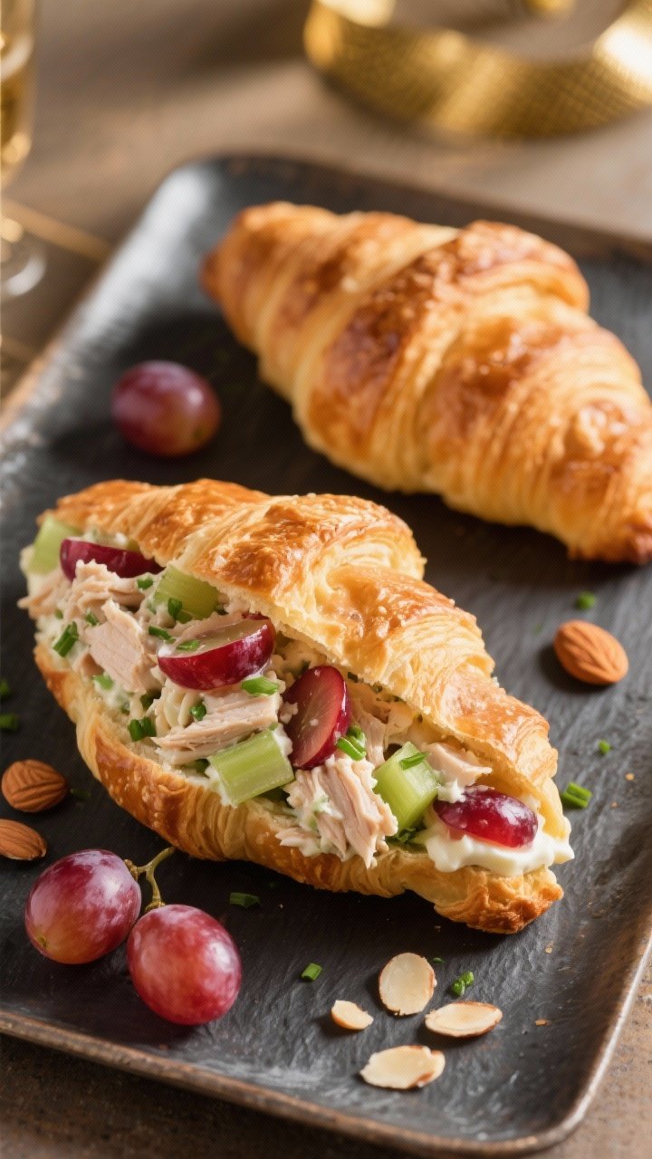 45-degree angle plated shot of buttery croissants stuffed with champagne-kissed chicken salad: finely chopped chicken bound with mayonnaise, halved red grapes, toasted sliced almonds, diced celery, and minced chives peeking out; a few extra grapes and almond shards scattered on a slate tray, soft golden light for a celebratory vibe.