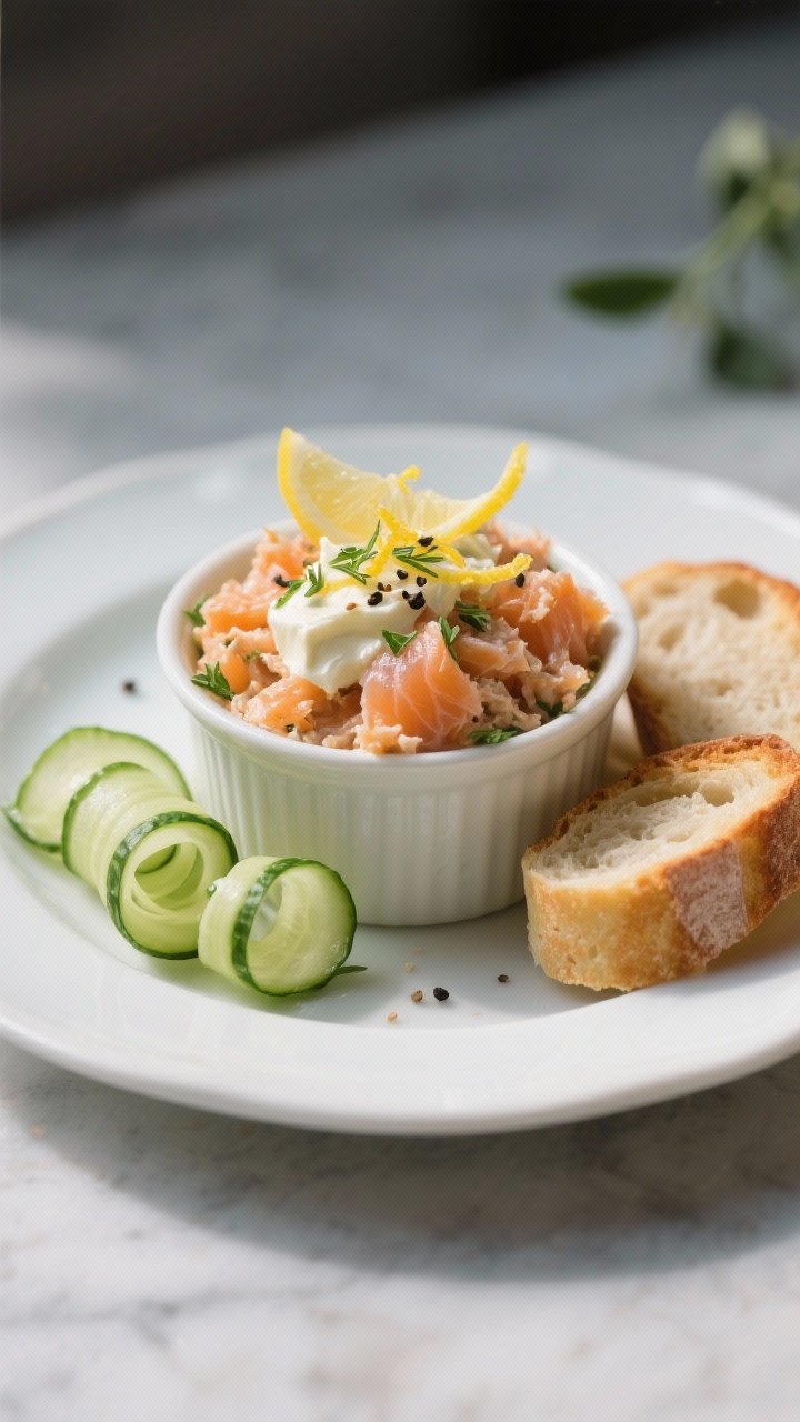 45-degree angle plated shot of herbed salmon rillettes in a small crock: flaked poached salmon and finely chopped smoked salmon folded with softened butter, crème fraîche, Dijon, lemon, and herbs; topped with cracked pepper and lemon zest; thin quick-pickled cucumber ribbons curled alongside, plus toasted baguette slices; cool, airy styling.