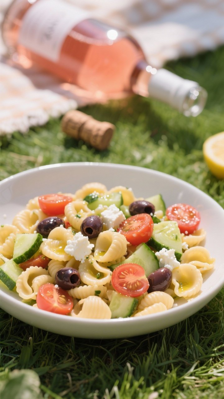 45-degree angle plated shot of no-fuss rosé picnic pasta salad: orecchiette tossed with halved cherry tomatoes, diced English cucumber, halved kalamata olives, and crumbled feta, lightly glistening with extra-virgin olive oil and lemon; served in a wide white ceramic bowl on trimmed green lawn backdrop, a corked bottle of rosé blurred in the distance, respectful low-profile picnic setup, vibrant colors, natural daylight.