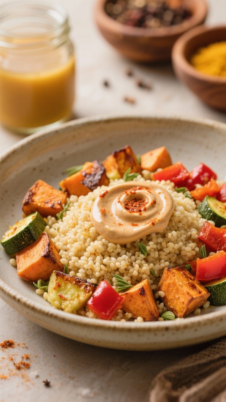 45-degree angle plated shot of spiced couscous with roasted veggies: fluffy couscous infused with cumin, coriander, turmeric, and salt, piled into a shallow ceramic bowl; roasted sweet potato cubes, chopped red bell pepper, and zucchini scattered on top with caramelized edges; a swirl of harissa tahini over the mound, vegetable broth jar and spice dishes in background; warm golden hues, hearty, inviting.