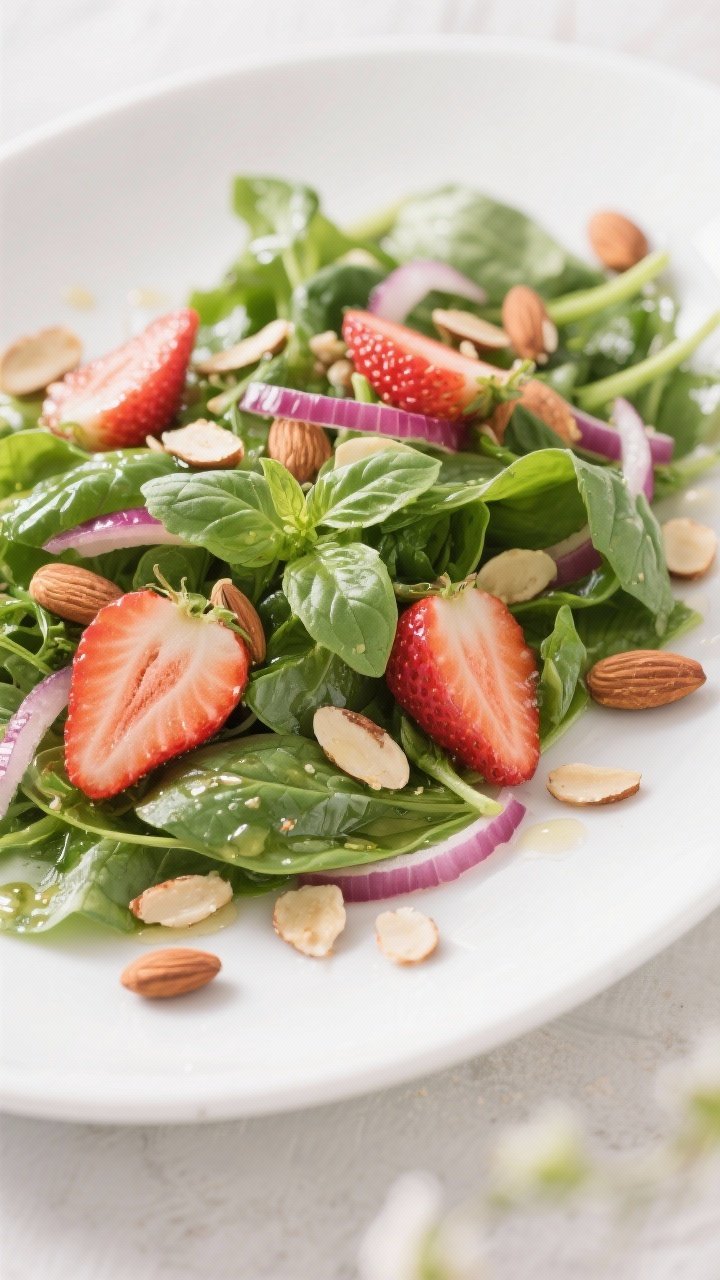 45-degree angle plated strawberry basil spinach salad: fluffy baby spinach, glossy sliced strawberries, thin crescents of red onion, torn fresh basil, and crunchy sliced almonds (lightly toasted); a light vinaigrette sheen; presented on a white plate with extra almonds scattered; bright, springlike mood.