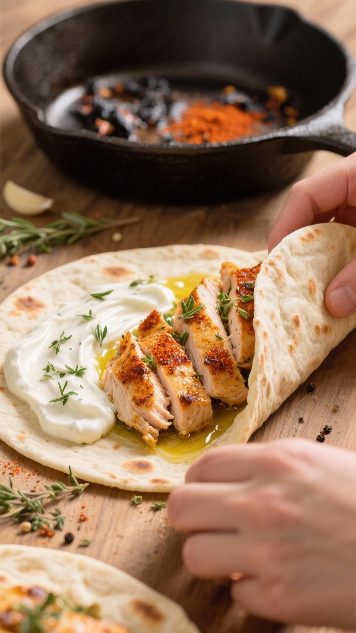 45-degree angle process shot of golden herb chicken picnic wraps being assembled: thinly sliced chicken seared with olive oil, smoked paprika, dried oregano, ground cumin, salt, and black pepper laid into soft flatbreads, a swirl of thick garlicky yogurt, herbs sprinkled, wraps partially rolled; warm tones, cast-iron skillet in background with charred bits, light catching paprika sheen.