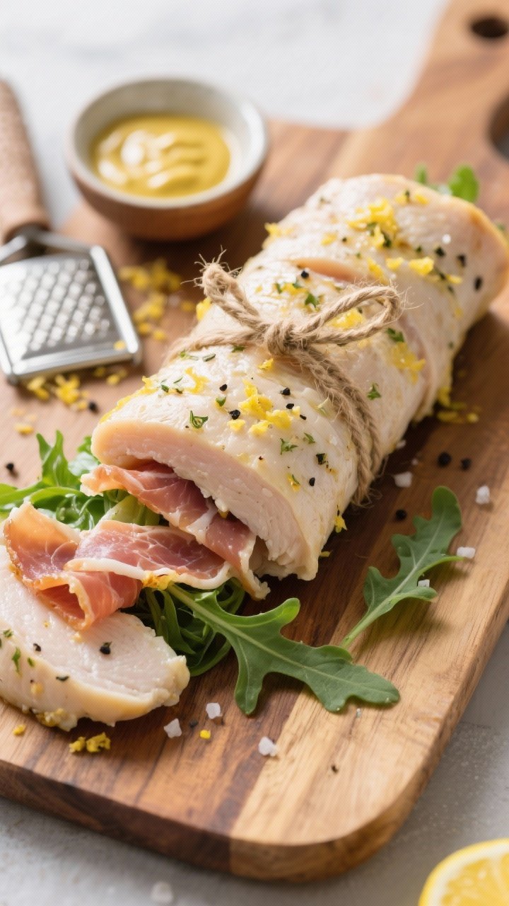45-degree angle process shot of Herbed Lemon Chicken Roulades: thin butterflied chicken breasts spread with Dijon and lemon zest, seasoned with kosher salt and black pepper, layered with prosciutto and fresh arugula, then tightly rolled and tied with kitchen twine on a wooden board; a small bowl of Dijon and a microplane with lemon zest nearby; clean, natural light emphasizing the roll texture and prosciutto sheen.