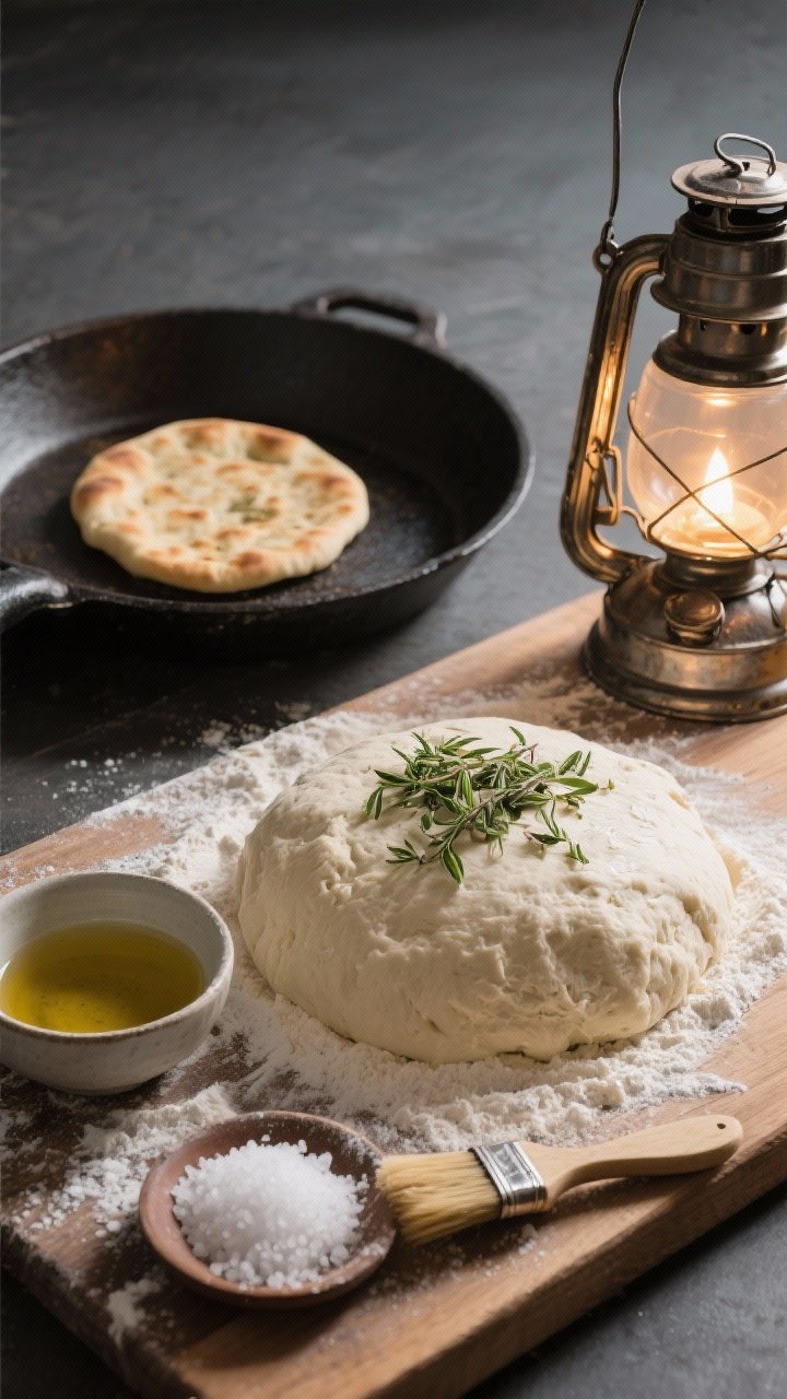 45-degree angle process shot of lantern-lit herb flatbreads: a floured wooden board with a mound of dough made from all-purpose flour, baking powder, kosher salt, and olive oil; a small bowl of warm water, a dish of flaky salt for finishing, a brush glistening with olive oil; a metal lantern casting soft light, one flatbread puffing on a cast-iron pan in the background, minimal shadows, crisp textures.