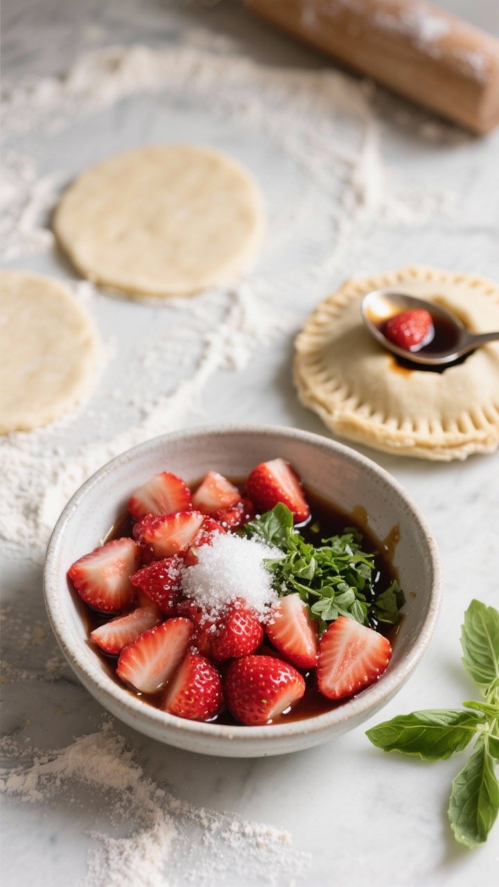 45-degree angle process shot of strawberry basil balsamic hand pie filling: a bowl of hulled, chopped strawberries tossed with sugar, a splash of balsamic vinegar, and cornstarch, with finely chopped basil on the side; nearby, chilled pie dough rounds on a floured surface, a small spoon ready to fill; soft morning light, emphasizing the juicy red berries and glossy syrup.