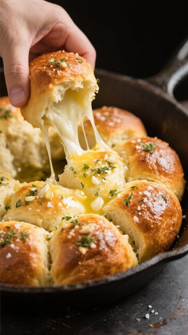 45-degree angle pull-apart moment: Garlic-Herb Pull-Apart Bread Bombs baked golden in a round skillet, one bomb torn open to reveal stretchy low-moisture mozzarella core; melted butter and olive oil glaze with minced garlic and herbs glistening; coarse salt crystals visible; cozy, inviting crumb detail.