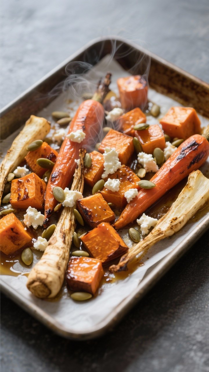 45-degree angle roasting-pan scene of maple-roasted root veggies: carrots, parsnips, and cubed sweet potatoes glistening with olive oil and pure maple syrup, edges caramelized and charred, finished with crumbled goat cheese and toasted pepitas scattered on top; steam faintly visible, placed on a parchment-lined sheet tray over a slate surface.