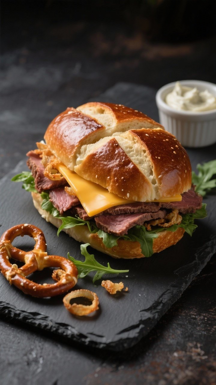 45-degree angle sandwich portrait on a slate board: pretzel rolls sliced and lightly buttered, stacked with thin-sliced roast beef, a swipe of horseradish cream (mayonnaise blended with prepared horseradish) peeking at the seam, a slice of sharp cheddar, crispy fried onions spilling out, and a tuft of arugula; glossy pretzel crust with cross slashes; small ramekin of extra horseradish cream in background; moody lighting to highlight savory layers and crunchy onions.