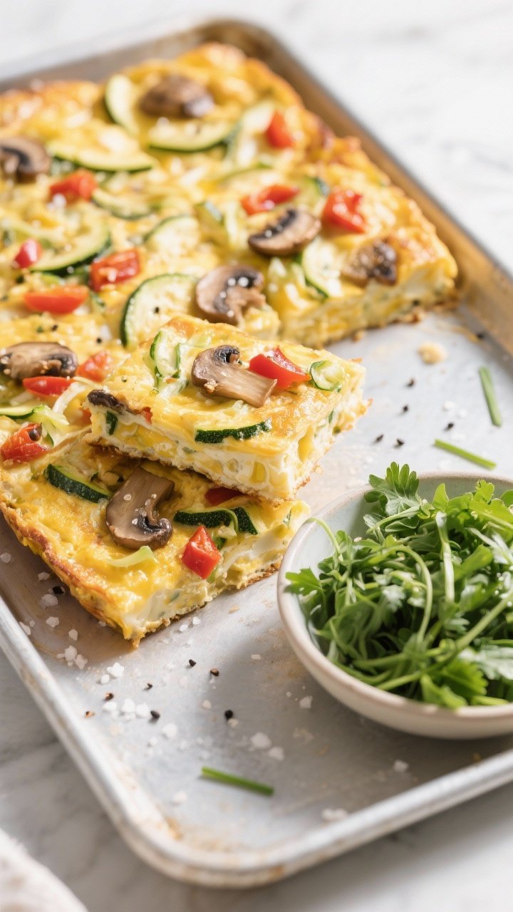 45-degree angle sheet-pan frittata squares: golden egg custard with milk, speckled with salt and black pepper, studded with shredded zucchini (drained), chopped roasted red peppers, and sautéed mushrooms. Squares stacked slightly to show airy interior. Beside them, a zippy herb salad (parsley, chives, and tender greens) lightly dressed, piled in a small bowl. Bright morning light, clean lines, emphasis on custard set and colorful veg.