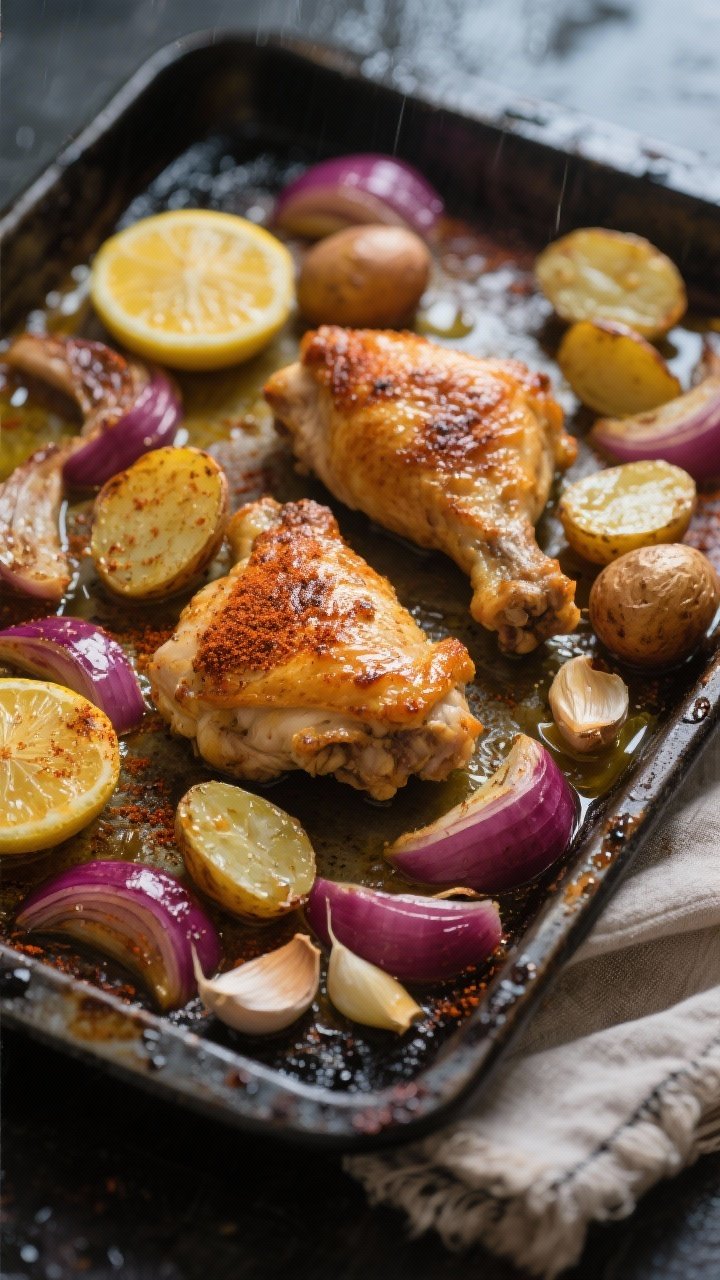 45-degree angle sheet-pan scene of golden, crispy skin-on chicken thighs surrounded by halved baby potatoes and red onion wedges, with lemon slices roasted to caramelized edges and smashed garlic cloves glistening in olive oil; dusting of smoked paprika visible on chicken and potatoes; set on a dark metal tray with oven char spots, cozy rainy-day mood with soft, diffused light and a linen towel at the edge.