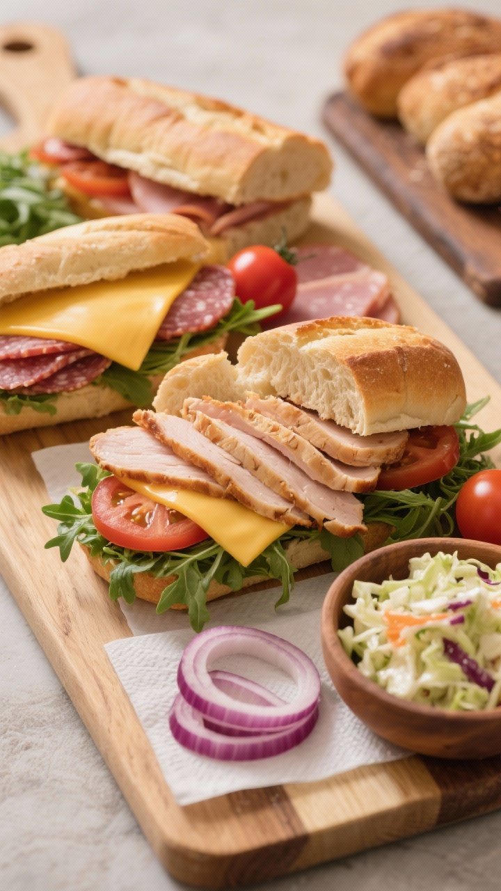 45-degree angle shot of a deli-style sandwich assembly board: split ciabatta rolls, layered roasted turkey slices, provolone, optional salami/ham, arugula, tomato slices draining on paper towels, thin red onion crescents, and a small bowl of slaw on the side; warm, bakery-light tones, visible textures of crusty bread and glossy tomatoes, ready-to-build crowd-pleasing spread.