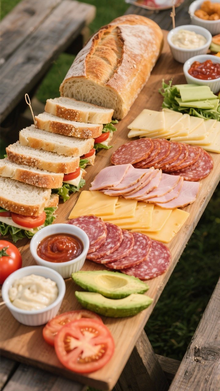 45-degree angle shot of a DIY sandwich bar: a loaf of crusty bread sliced alongside 8 sandwich rolls, neatly fanned stacks of turkey, ham, salami; cheese slices (cheddar, provolone, Swiss); avocado and tomato slices; small bowls of condiments. Emphasize fresh textures, glossy tomato, creamy avocado, rustic bread crumb, styled on a wooden picnic table for an appetizing build-your-own moment.