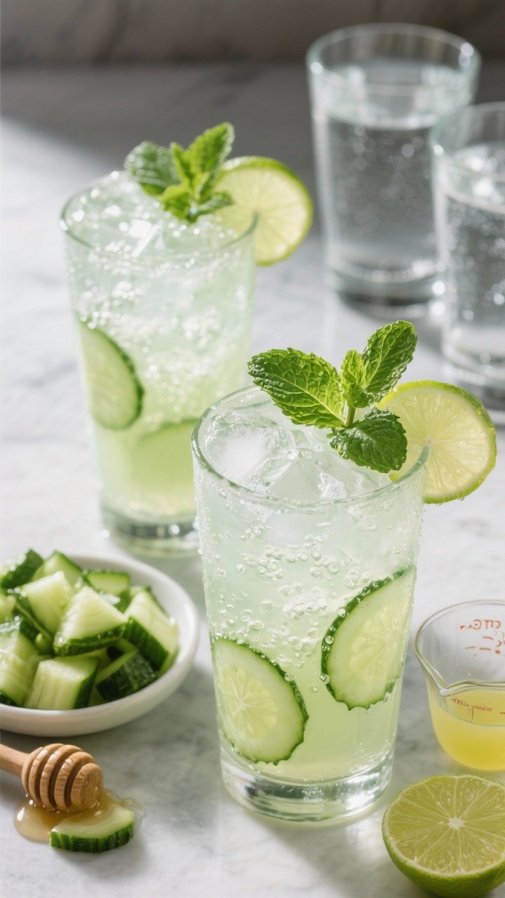 45-degree angle shot of a frosty Cucumber-Mint Cooler poured into tall highball glasses: pale green drink with fine cucumber pulp, topped with 1 cup sparkling water effervescence, packed with crushed ice, lime wheels and fresh mint sprigs; beside it, an ingredient setup—peeled and chopped English cucumber, a small dish of honey/agave, a measuring cup with 1/2 cup fresh lime juice, and 2 cups cold water; clean, refreshing vibe with soft backlight and dewy condensation.