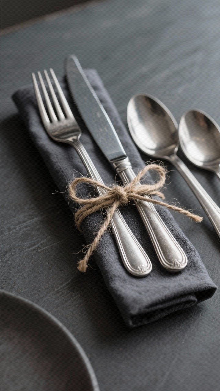 45-degree angle shot of a Silverware Roll with Ribbon: a rectangular charcoal napkin wrapped snugly around a fork, knife, and spoon, tied with thin natural twine; aligned in a diagonal row for repetition; soft side lighting, subtle linen texture, and a calm weeknight table setting.